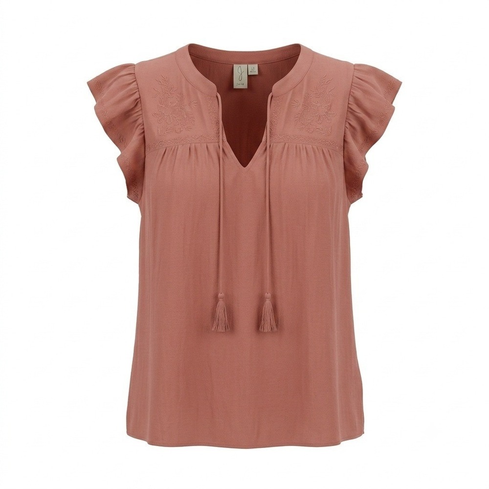 Joie Terracotta Rose Embroidered Flutter Sleeve Tassel Tie Blouse Large